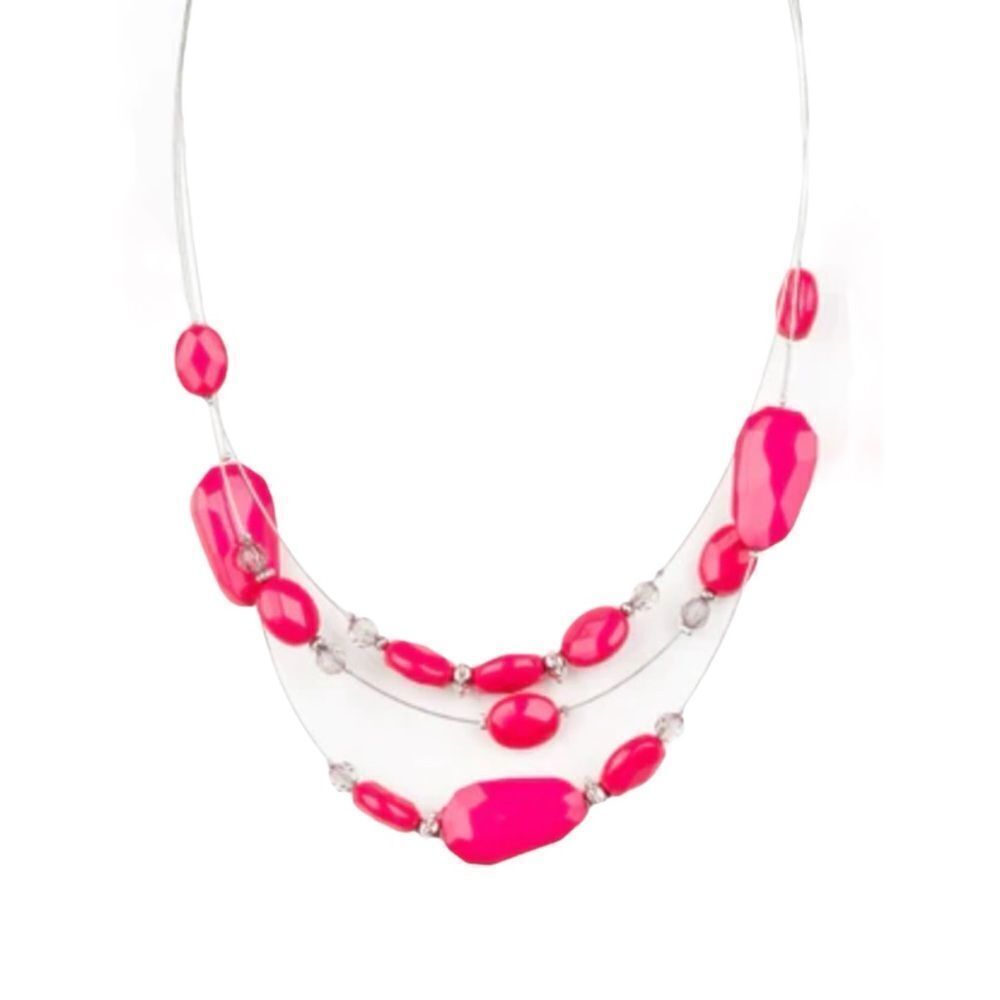 Pink Chunky Faux Stone Station Wire Necklace Silver Tone Costume Jewelry OSFM